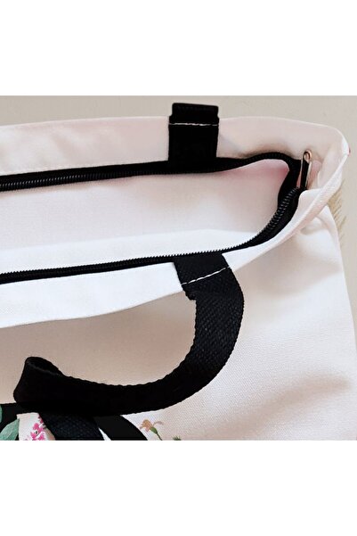 BEKZ Sacosa Textila Cu Fermoar, Geanta Tote, Cu Litera D In Coronita Florala, 38x34.5 Cm, Alba, ®