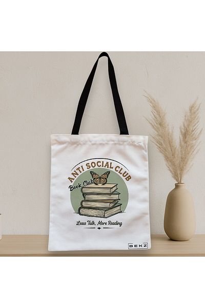 BEKZ Textile Bag With Zipper, Tote Bag, Anti Social Book Club Model 38 X 34.5 Cm, ​​White, ®