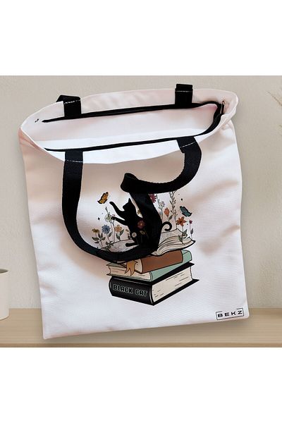BEKZ Sacosa Textila Cu Fermoar, Geanta Tote, Model Black Cat And Books, 38 X 34.5 Cm, Alb, ®