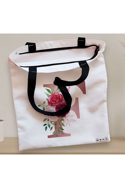 BEKZ Textile Bag With Zipper, Tote Bag, With Letter F Rose Gold And Roses, 38x34.5 Cm, ​​White, ®