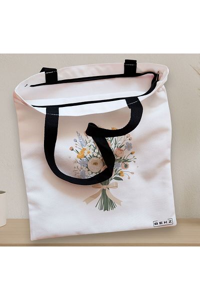 BEKZ Sacosa Textila Cu Fermoar, Geanta Tote, Model Flowers 22 38 X 34.5 Cm, Alb, ®