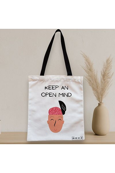 BEKZ Textile Bag With Zipper, Tote Bag, Keep An Open Mind Model, 38x34.5 Cm, ​​White, ®