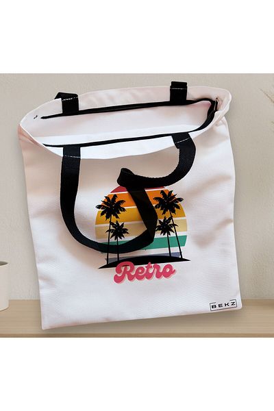 BEKZ Sacosa Textila Cu Fermoar, Geanta Tote, Model Retro, 38x34.5 Cm, Alba, ®