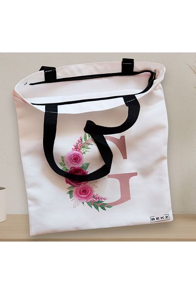 BEKZ Textile Bag With Zipper, Tote Bag, With Letter G Rose Gold And Roses, 38x34.5 Cm, ​​White, ®