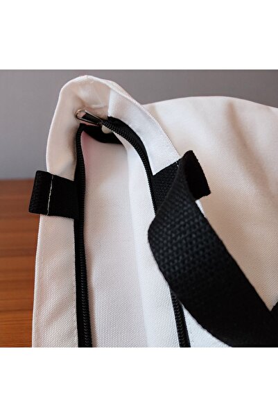 BEKZ Sacosa Textila Cu Fermoar, Geanta Tote, Model Abstract Face, 38x34.5 Cm, Alba, ®