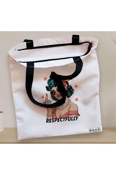 BEKZ Sacosa Textila Cu Fermoar, Geanta Tote, Model Respectfully 38 X 34.5 Cm, Alb, ®