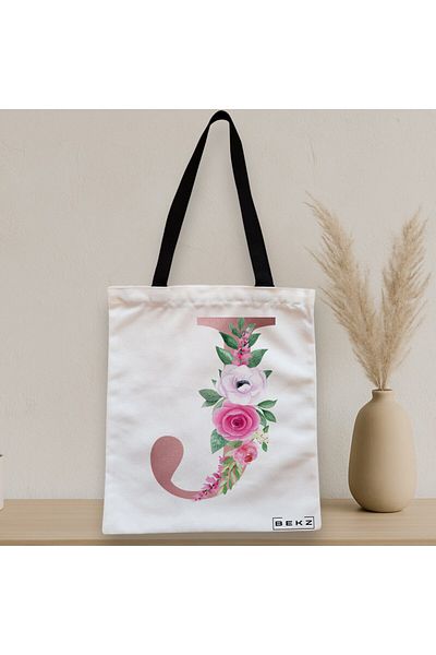 BEKZ Textile Bag With Zipper, Tote Bag, With Letter J Rose Gold And Roses, 38x34.5 Cm, ​​White, ®