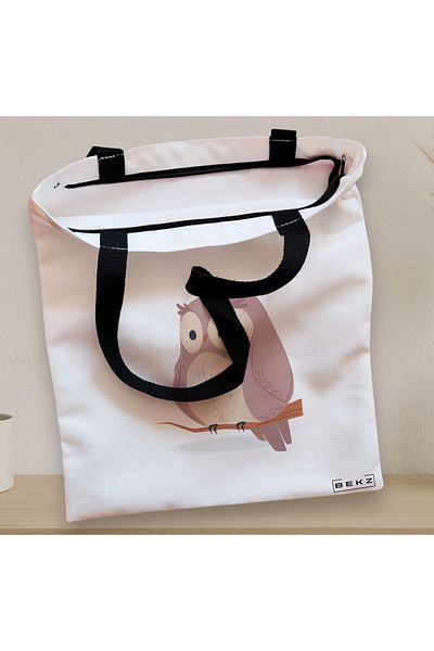 BEKZ Sacosa Textila Cu Fermoar, Geanta Tote, Model Cute Owl, 38x34.5 Cm, Alba, ®