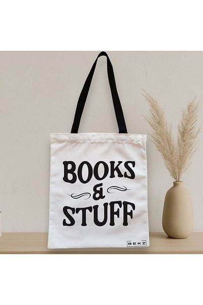 BEKZ Sacosa Textila Cu Fermoar, Geanta Tote, Model Books And Stuff, 38x34.5 Cm, Alba, ®
