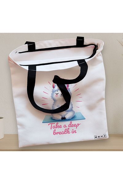 BEKZ Textile Bag With Zipper, Yoga Tote Bag Take A Deep Breath In, 38x34.5 Cm, ​​White, ®