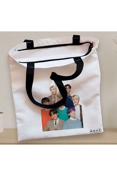 BEKZ Sacosa Textila Cu Fermoar, Geanta Tote, Model Bts Army 5, 38x34.5 Cm, Alba, ®