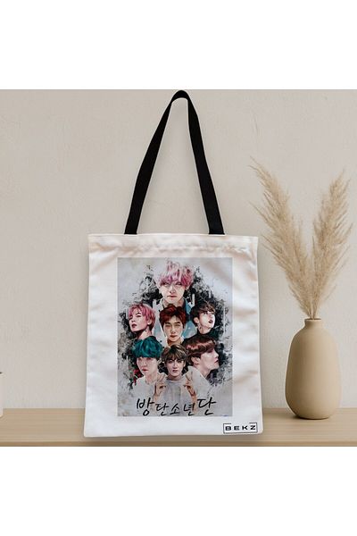 BEKZ Sacosa Textila Cu Fermoar, Geanta Tote, Model Bts Army 3, 38x34.5 Cm, Alba, ®