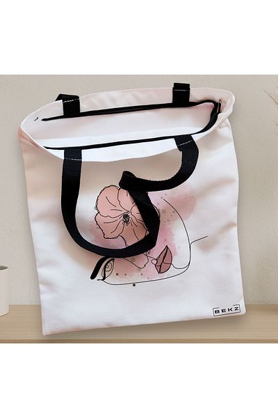 BEKZ Sacosa Textila Cu Fermoar, Geanta Tote, Model Floral Line, 38x34.5 Cm, Alba, ®