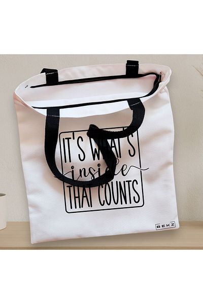BEKZ Textile Bag With Zipper, Tote Bag, It's What's Inside That Counts 2 Model, 38x34.5 Cm, ​​White, Beige