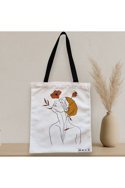 BEKZ Sacosa Textila Cu Fermoar, Geanta Tote, Flower Lady 8, 38x34.5 Cm, Alba, ®