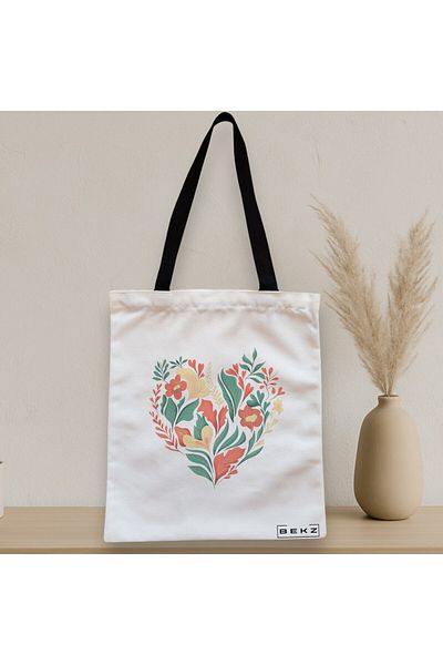BEKZ Textile Bag With Zipper, Tote Bag, Floral Heart Pattern, 38x34.5 Cm, ​​White, ®