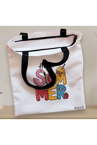 BEKZ Textile Bag With Zipper, Tote Bag, Hello Summer 2 Model 38 X 34.5 Cm, ​​White, ®