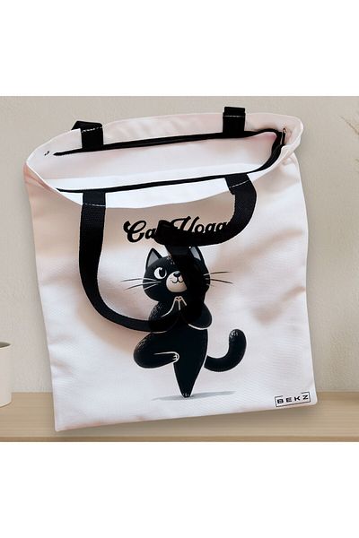 BEKZ Sacosa Textila Cu Fermoar, Geanta Tote Yoga Cat, 38x34.5 Cm, Alba, ®