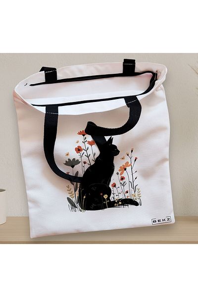 BEKZ Textile Bag With Zipper, Tote Bag, Cat And Flowers Model 6, 38 X 34.5 Cm, ​​White, ®