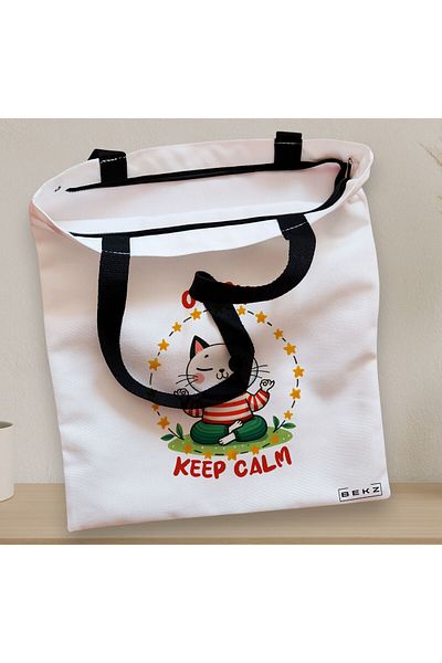 BEKZ Textile Bag With Zipper, Ommm Keep Calm Yoga Tote Bag, 38x34.5 Cm, ​​White, ®
