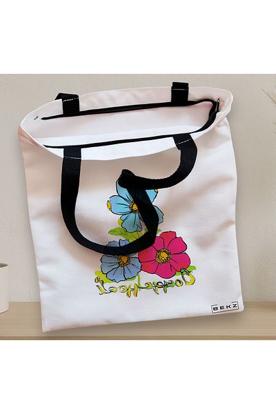 BEKZ Sacosa Textila Cu Fermoar, Geanta Tote, Model Flower Watecolor 2, 38 X 34.5 Cm, Alb, ®
