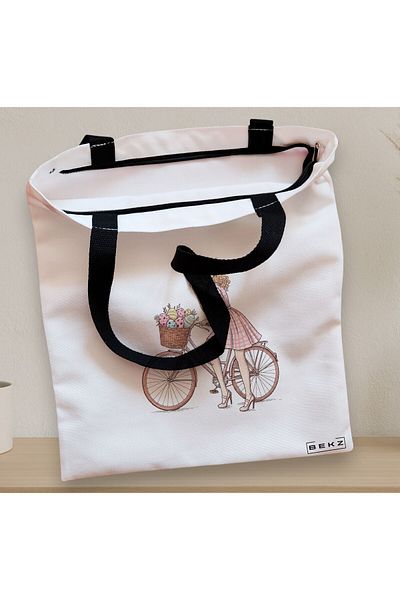 BEKZ Sacosa Textila Cu Fermoar, Geanta Tote, Model Rose Bicycle 38 X 34.5 Cm, Alb, ®