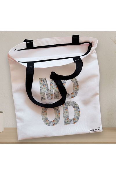 BEKZ Sacosa Textila Cu Fermoar, Geanta Tote, Model Money Mood, 38x34.5 Cm, Alba, ®