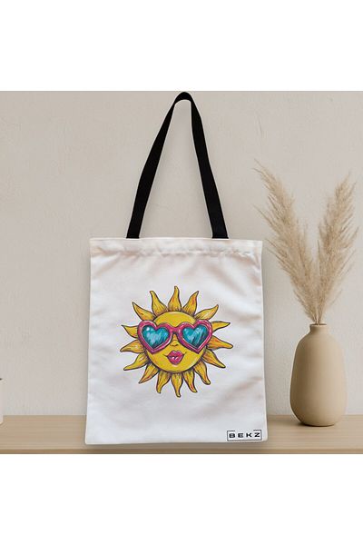 BEKZ Sacosa Textila Cu Fermoar, Geanta Tote, Model Sun Faces 22 38 X 34.5 Cm, Alb, ®
