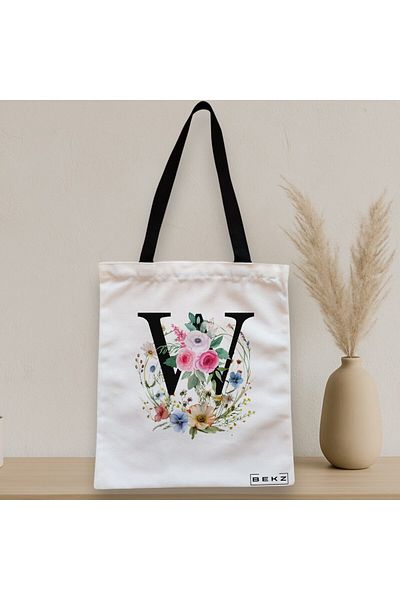 BEKZ Sacosa Textila Cu Fermoar, Geanta Tote, Cu Litera W In Coronita Florala, 38x34.5 Cm, Alba, ®