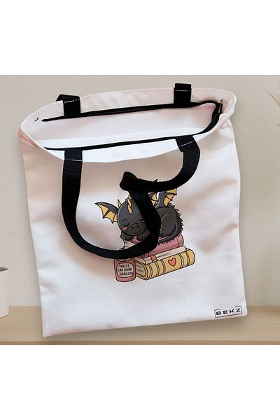 BEKZ Sacosa Textila Cu Fermoar, Geanta Tote, Model Smells Like Book Dragon 38 X 34.5 Cm, Alb, ®