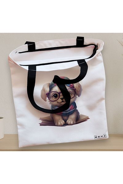 BEKZ Textile Bag With Zipper, Tote Bag, Reading Puppy Model 20 38 X 34.5 Cm, ​​White, ®