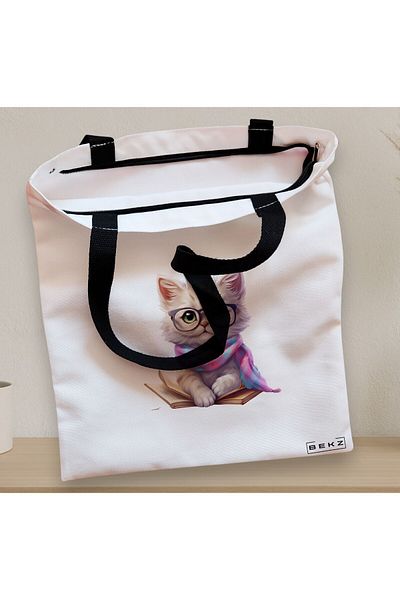 BEKZ Sacosa Textila Cu Fermoar, Geanta Tote, Model Reading Puppy 27 38 X 34.5 Cm, Alb, ®