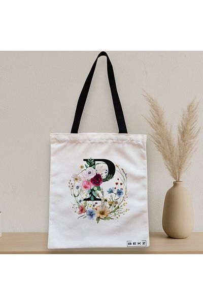 BEKZ Textile Bag With Zipper, Tote Bag, With Letter P In Floral Wreath, 38x34.5 Cm, ​​White, ®