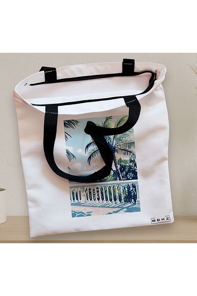 BEKZ Sacosa Textila Cu Fermoar, Geanta Tote, Model Tropical Sunset 2 38 X 34.5 Cm, Alb, ®