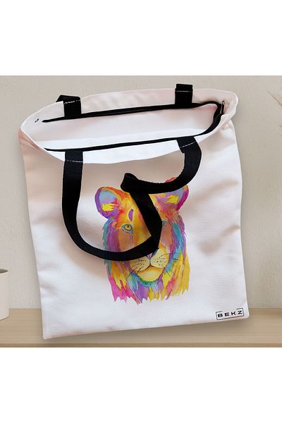 BEKZ Sacosa Textila Cu Fermoar, Geanta Tote, Model Watercolor Lion, 38x34.5 Cm, Alba, ®