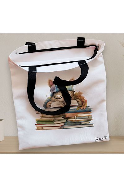BEKZ Textile Bag With Zipper, Tote Bag, Reading Puppy Model 6 38 X 34.5 Cm, ​​White, ®