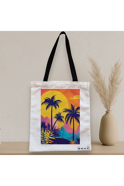 BEKZ Textile Bag With Zipper, Tote Bag, Tropical Sunset Model 38 X 34.5 Cm, ​​White, ®