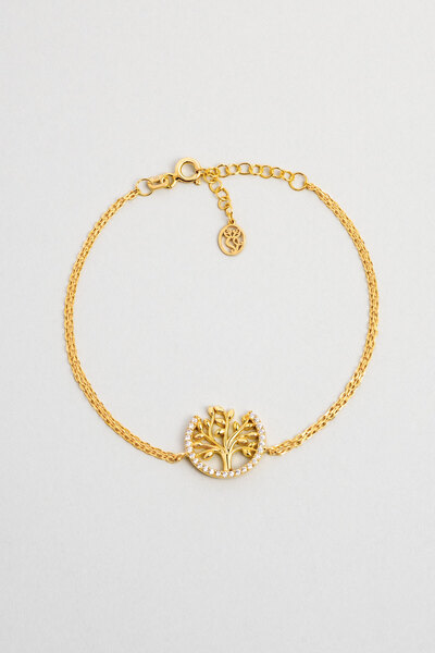 So CHIC... Hayat Ağacı 18 Ayar Sarı Altın Kaplama Taşlı 19 Cm Gümüş Bileklik