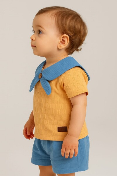 dinamik çocuk Collar Detailed Muslin Shorts Stylish Bottom Top 2-Piece Baby Boy Set Cotton+Muslin 6-9-12-18-24 months