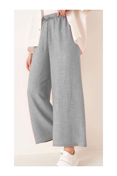 LEGS STAR Women's Gray Sofia Linen Double Pocket Wide Leg Trousers