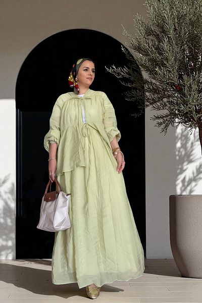 Aselim Hijap Moda Cotton Voile Kimono Skirt Suit |   Lined |   Size 36-44 Green