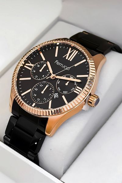 Ferrucci Men's Wristwatch with Calendar Steel Cord 3 Atm Water Resistant Bracelet Black-Rose Sdf with Gift