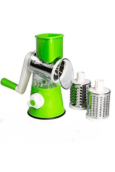 Generic Manual Rotary Vegetable Chopper, 3 Stainless Steel Blades, Cheese Grater and Slicer, Green