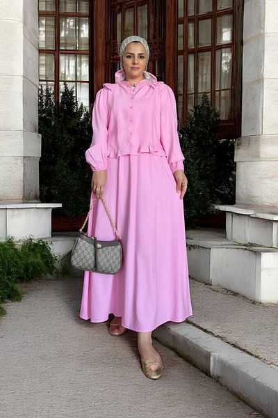 Aselim Hijap Moda Σετ πουκάμισο με βολάν από ύφασμα Strawberry – Ροζ