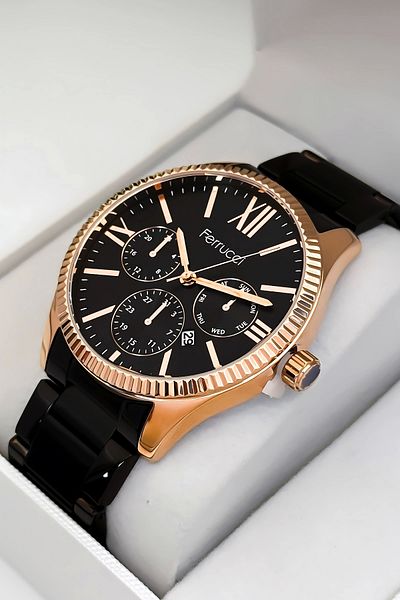 Ferrucci Men's Wristwatch with Calendar Steel Cord 3 Atm Water Resistant Bracelet Black-Rose Sdf with Gift