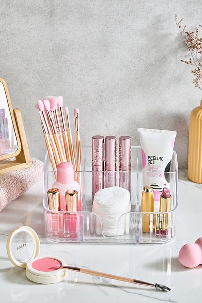 Royev Transparent Makeup Organizer – Multi-Compartment, Brush and Cosmetic Storage Box