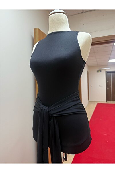 MODAHOBİMİZ Şık Tasarım Yaka Kadın Bağlama Siyah Dar Mini Elbise