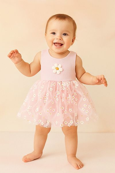 dinamik çocuk Daisy Patterned Tulle Bodysuit Girl's Dress with Ribbed, Sleeveless Summer Bottom Outfit