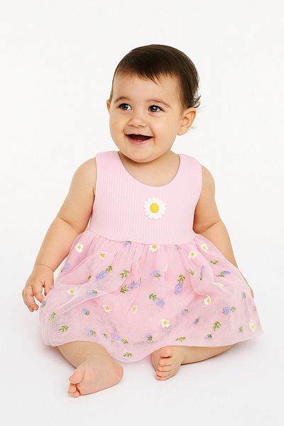 dinamik çocuk Lavender Patterned Tulle Dress Corded Sleeveless Summer Bodysuit for Girls