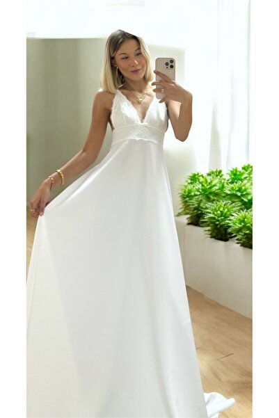 MODAHOBİMİZ Şık Tasarım Gelinlik Hafif Akıcı Dantel Detaylı Beyaz Elbise